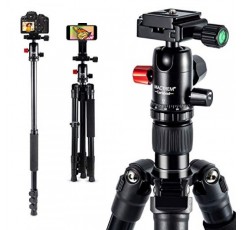 휴대폰 마운트가 포함된 MACTREM 전문 카메라 삼각대, 여행용 62인치 DSLR 삼각대, 초경량 및 안정적인 안정성, 볼 헤드 삼각대 분리형 모노포드(휴대용 가방 포함)(검은색