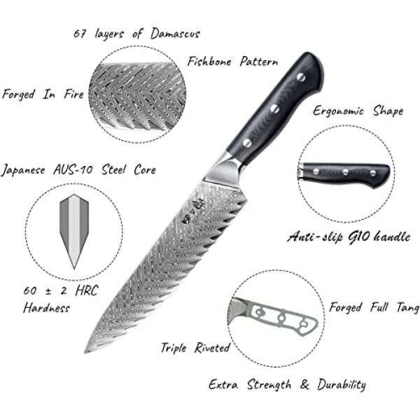 칼 세트, 3 PCS 전문 다마스커스 요리사 칼, 67겹 일본 AUS10 강철 코어 단조 주방 칼, 균형 잡힌 풀 탱 핸들 트리플 리벳 핸들 - 블랙 선물 상자