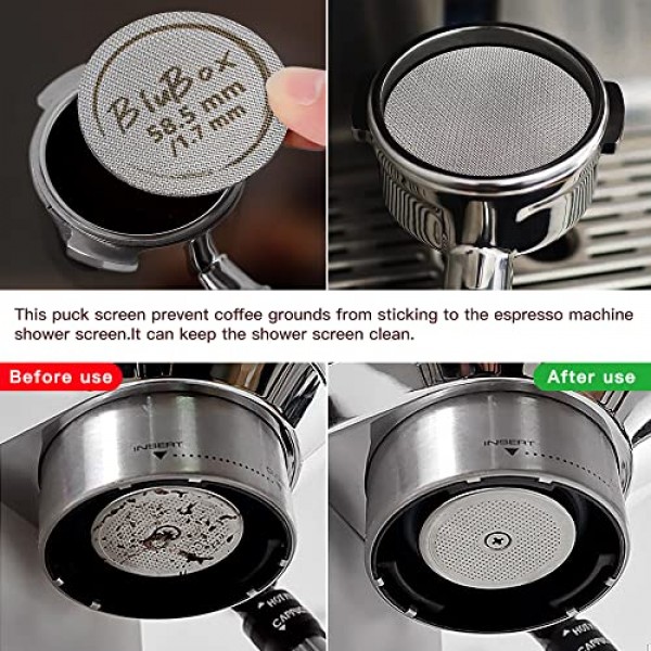 53.5mm 에스프레소 퍽 스크린, 1.7mm 두께 150μm 초박형 재사용 가능한 에스프레소 316 스테인레스 스틸 하부 샤워 스크린, 54mm 바닥 없는 포터필터 필터 바구니(53.5mm/2.11인