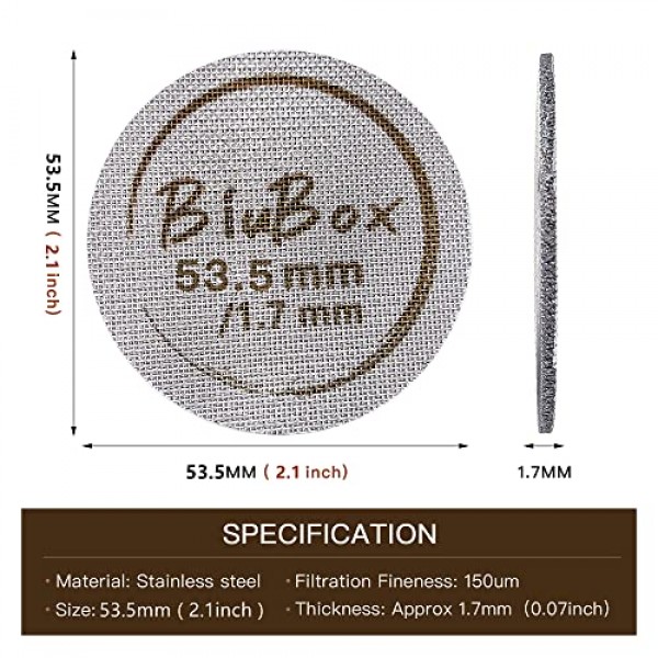 53.5mm 에스프레소 퍽 스크린, 1.7mm 두께 150μm 초박형 재사용 가능한 에스프레소 316 스테인레스 스틸 하부 샤워 스크린, 54mm 바닥 없는 포터필터 필터 바구니(53.5mm/2.11인