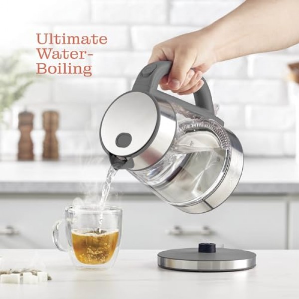 급속 끓이는 물 전기 주전자, 1.7L 1500W, 커피 및 차 주전자 붕규산 유리, 넓은 입구, 자동 차단, 쿨 터치 핸들, LED 조명. 360° 회전, 끓는 물 건조 방지