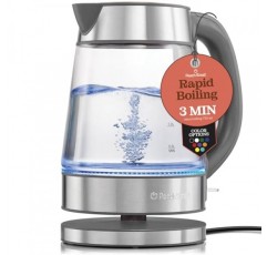 급속 끓이는 물 전기 주전자, 1.7L 1500W, 커피 및 차 주전자 붕규산 유리, 넓은 입구, 자동 차단, 쿨 터치 핸들, LED 조명. 360° 회전, 끓는 물 건조 방지