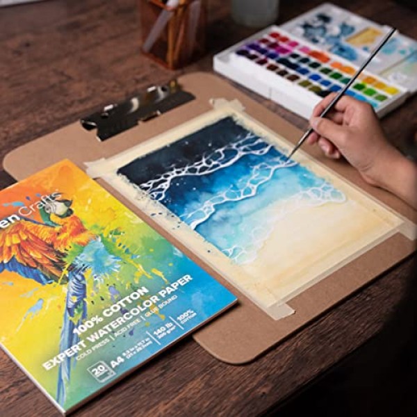 GenCrafts 100% 면 수채화 용지 패드 - A4 8.3x11.7 - 20매(140lb/300gsm) - 페인팅 및 드로잉, 습식, 혼합 매체용 냉압식 무산소 미술 스케치북 패드