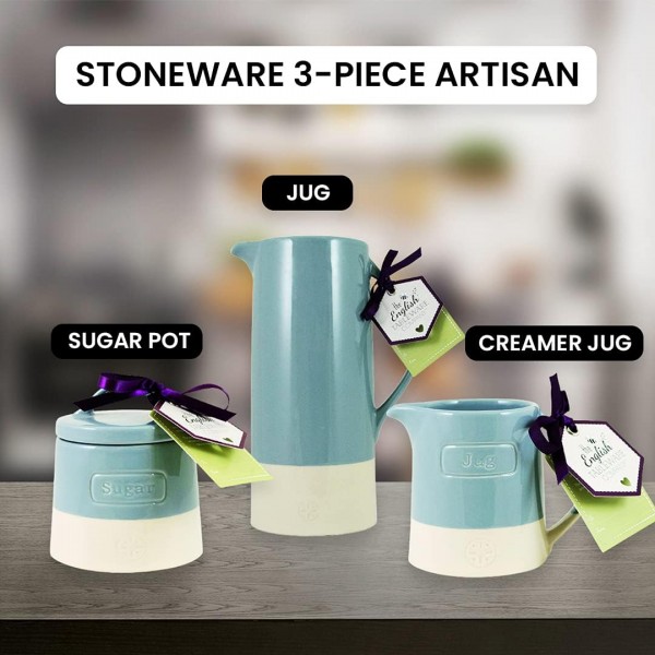 English Tableware Company 세라믹 티 커피와 설탕 용기 세트 컨트리 키친 튼튼한 도기 장인-대형 저그, 설탕 포트, 크리머 저그 세트- 블루