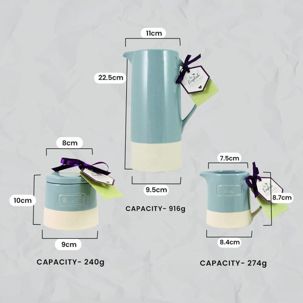 English Tableware Company 세라믹 티 커피와 설탕 용기 세트 컨트리 키친 튼튼한 도기 장인-대형 저그, 설탕 포트, 크리머 저그 세트- 블루