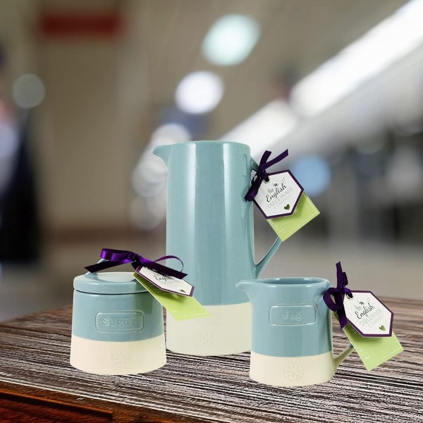 English Tableware Company 세라믹 티 커피와 설탕 용기 세트 컨트리 키친 튼튼한 도기 장인-대형 저그, 설탕 포트, 크리머 저그 세트- 블루