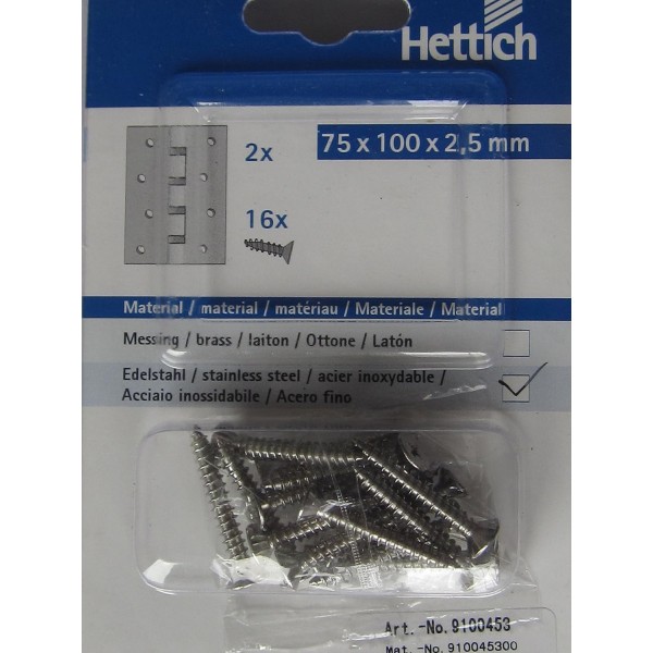 Hettich 도어 힌지 STAINLESS STEEL 무광, 100 x 75mm, 솔리드 디자인, 2개, 9100453