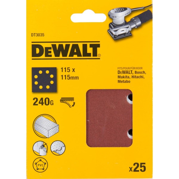 Dewalt 사포(Klettfix 115 x 115mm, K240, 천공(8개의 링 모양 구멍), 다용도 목재/색상 - 건식 샌딩) DT3035-QZ