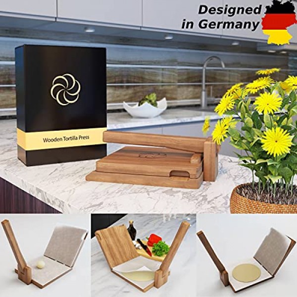 panan 나무 토르티야 압착기 천연 식품 등급 아카시아 나무로 만든 멕시코 토르티야 압착기 - 양피지 50장, 반죽 절단기 및 레시피 eBook이 포함된 대형 목재 Pataconera(사각