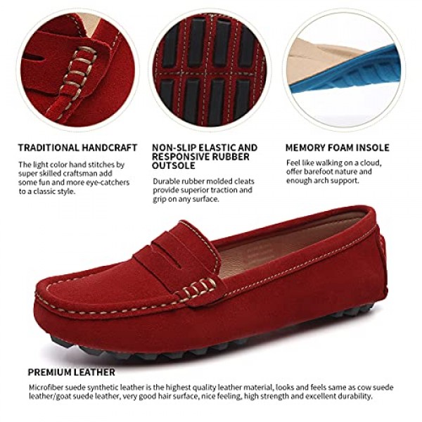 Osslue 여성 스웨이드 가죽 캐주얼 페니 로퍼 레트로 숙녀 모카신 운전 Mocs 컴포트 슬립 온 패션 보트 신발 클래식 플랫