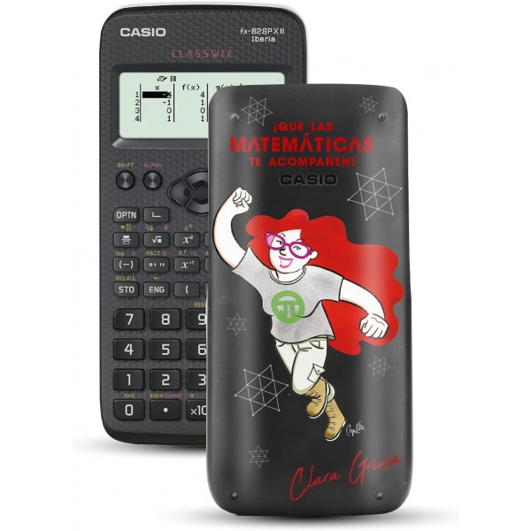 Casio FX-82SPXII Iberia 공학용 계산기, 표지에 Clara Grima 삽화 포함, 스페인어 및 포르투갈어 커리큘럼에 권장, 293가지 기능, Clara Grima 공학용 계산기의 회색 삽화
