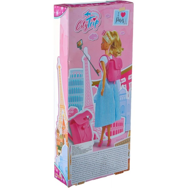 Simba 105733434 Steffi Love City Trip, 셀카봉과 백팩이 달린 패셔너블한 옷차림의 인형 놀이, 29cm, 3세부터