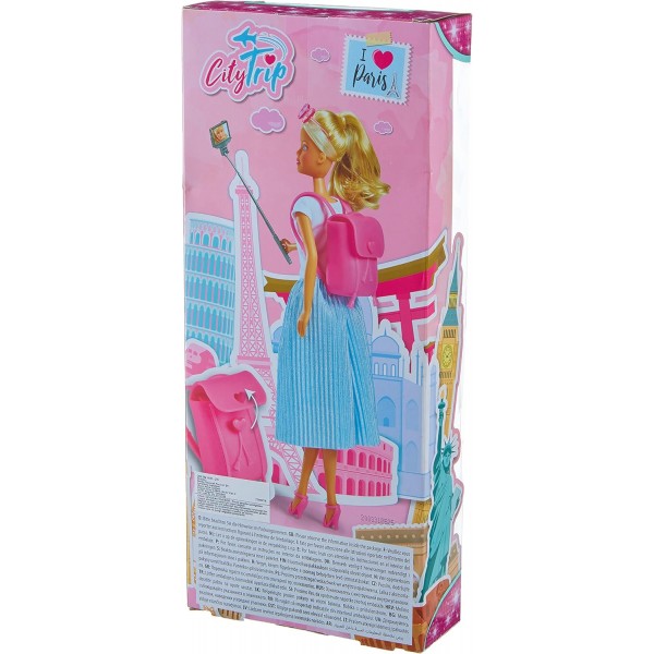 Simba 105733434 Steffi Love City Trip, 셀카봉과 백팩이 달린 패셔너블한 옷차림의 인형 놀이, 29cm, 3세부터