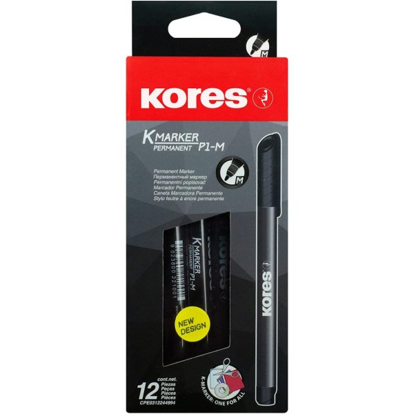 Kores - K-Marker Fine M: 검은색 유성 마커 펜, 방수 및 무취 잉크가 있는 얇은 섬유 팁, 모든 표면용, 12개 팩