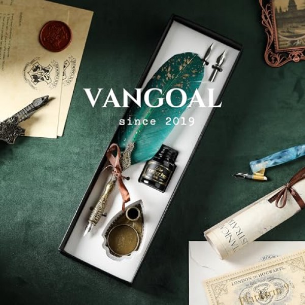 VANGOAL 깃털 펜 및 잉크 세트, 반짝이는 퀼 펜 세트 잉크가 포함된 골동품 서예 딥 펜, 교체 펜촉 2개, 펜 스탠드 베이스, 럭셔리 빈티지 시그니처 펜(녹색)