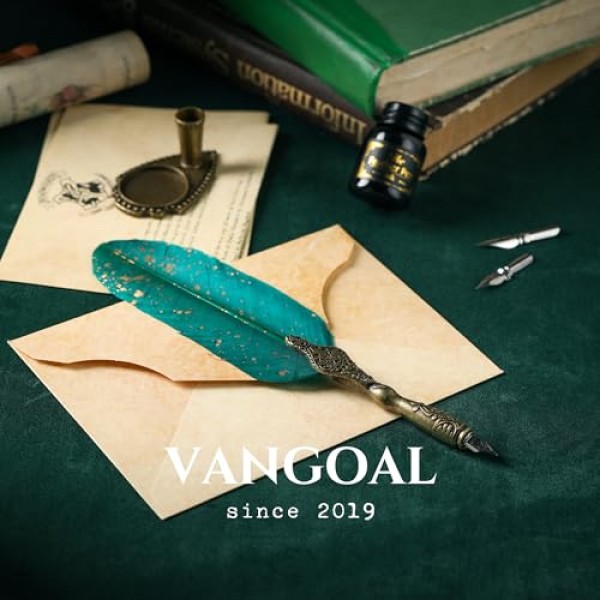 VANGOAL 깃털 펜 및 잉크 세트, 반짝이는 퀼 펜 세트 잉크가 포함된 골동품 서예 딥 펜, 교체 펜촉 2개, 펜 스탠드 베이스, 럭셔리 빈티지 시그니처 펜(녹색)