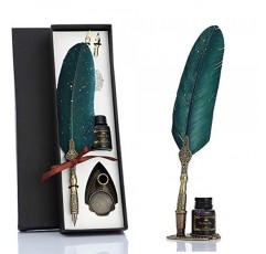 VANGOAL 깃털 펜 및 잉크 세트, 반짝이는 퀼 펜 세트 잉크가 포함된 골동품 서예 딥 펜, 교체 펜촉 2개, 펜 스탠드 베이스, 럭셔리 빈티지 시그니처 펜(녹색)