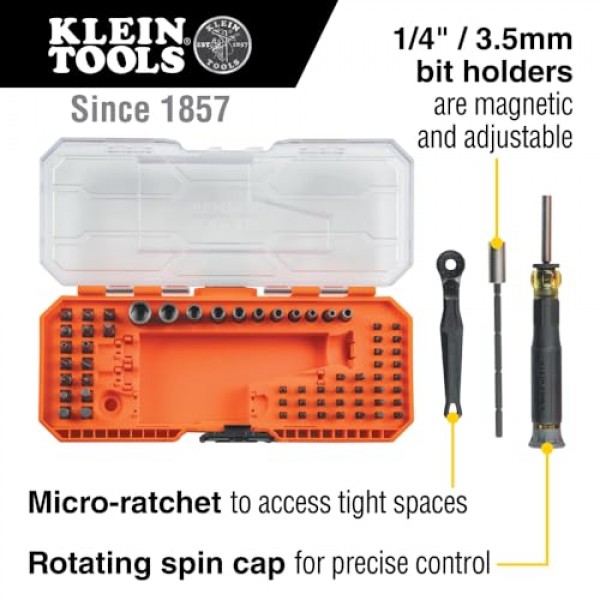 Klein Tools 32787 모듈형 케이스, 자기, 정밀, 표준 비트 및 너트 드라이버가 포함된 64피스 마이크로 래칫 비트 정밀 드라이버 세트