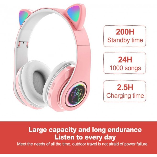 ALEOHOLDER 무선 블루투스 헤드폰 고양이 귀 헤드폰 LED 조명 HiFi 음악 귀에 소음 차단 성인용 헤드폰 Kids Girls Pink