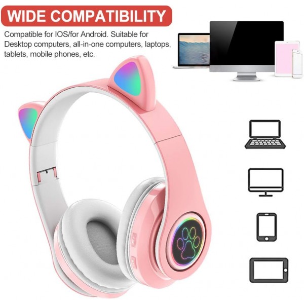 ALEOHOLDER 무선 블루투스 헤드폰 고양이 귀 헤드폰 LED 조명 HiFi 음악 귀에 소음 차단 성인용 헤드폰 Kids Girls Pink