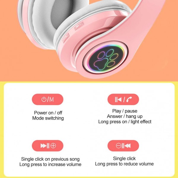 ALEOHOLDER 무선 블루투스 헤드폰 고양이 귀 헤드폰 LED 조명 HiFi 음악 귀에 소음 차단 성인용 헤드폰 Kids Girls Pink