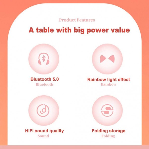 ALEOHOLDER 무선 블루투스 헤드폰 고양이 귀 헤드폰 LED 조명 HiFi 음악 귀에 소음 차단 성인용 헤드폰 Kids Girls Pink