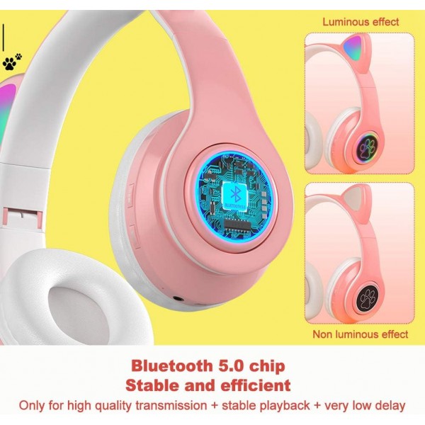 ALEOHOLDER 무선 블루투스 헤드폰 고양이 귀 헤드폰 LED 조명 HiFi 음악 귀에 소음 차단 성인용 헤드폰 Kids Girls Pink