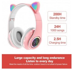 ALEOHOLDER 무선 블루투스 헤드폰 고양이 귀 헤드폰 LED 조명 HiFi 음악 귀에 소음 차단 성인용 헤드폰 Kids Girls Pink