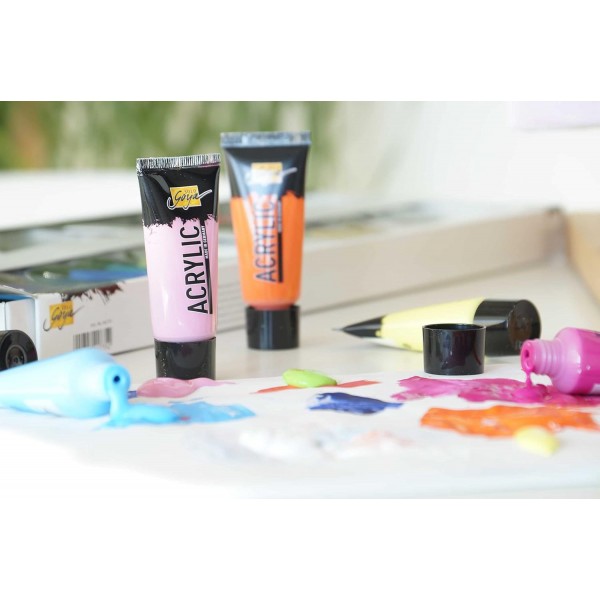 KREUL 84173 - 20ml 튜브에 32가지 색상이 포함된 Solo Goya 아크릴 세트, 연구용 품질의 크리미한 다용도 아크릴 페인트, 수성, 빠른 무광 건조, 우수한 커버리지, 방수 20ml 튜