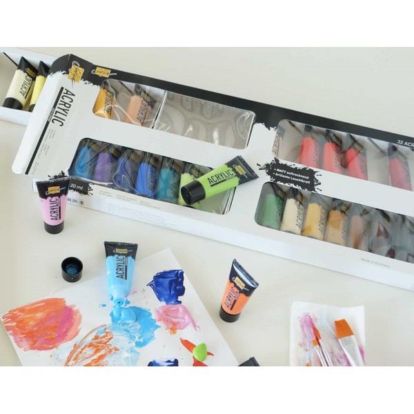 KREUL 84173 - 20ml 튜브에 32가지 색상이 포함된 Solo Goya 아크릴 세트, 연구용 품질의 크리미한 다용도 아크릴 페인트, 수성, 빠른 무광 건조, 우수한 커버리지, 방수 20ml 튜