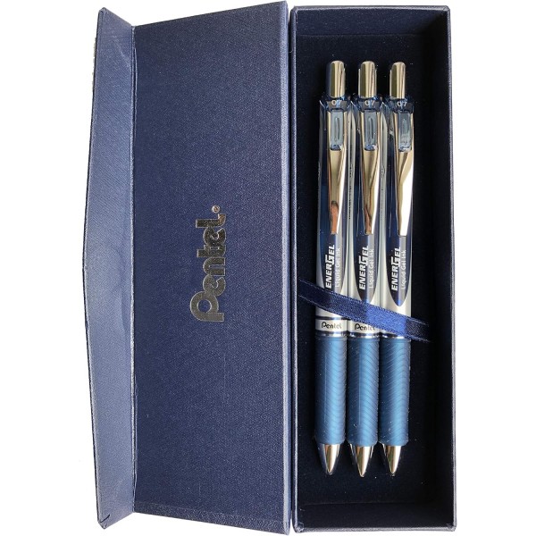 Pentel BL77 젤 롤러 볼 펜 EnerGel with push-button mechanism, 블랙-블루 3피스 + 블루 케이스, 0.7mm(선물 세트)