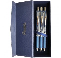 Pentel BL77 젤 롤러 볼 펜 EnerGel with push-button mechanism, 블랙-블루 3피스 + 블루 케이스, 0.7mm(선물 세트)