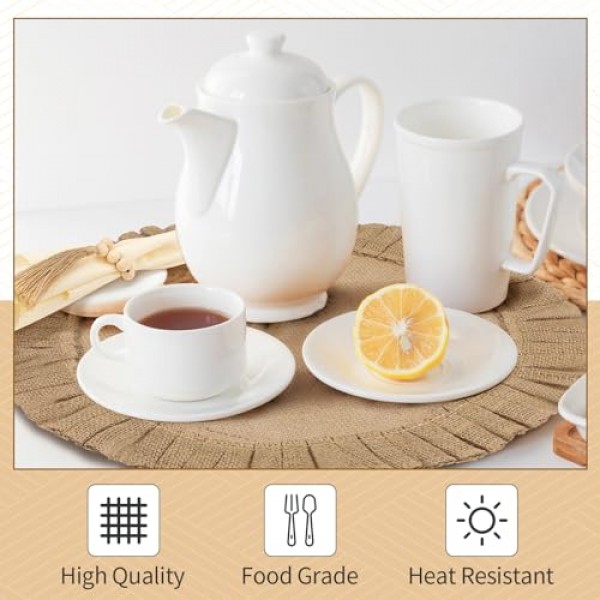 Gejoy 6 세트 둥근 삼베 플레이스 매트 저녁 식사 냅킨 천, 황마 플레이스 매트가 포함된 나무 구슬 냅킨 링 내열성 플레이스 매트 플레이트용 Boho 나무 반지 결혼식 식