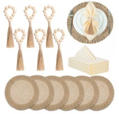 Gejoy 6 세트 둥근 삼베 플레이스 매트 저녁 식사 냅킨 천, 황마 플레이스 매트가 포함된 나무 구슬 냅킨 링 내열성 플레이스 매트 플레이트용 Boho 나무 반지 결혼식 식