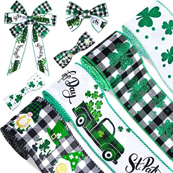 고래 성 패트릭의 날 유선 가장자리 리본 토끼풀 클로버 아일랜드 그놈 트럭 무늬 패브릭 리본 24 야드 버팔로 격자 무늬 포장용 공예 리본 DIY 활 화환 공예품 만들기, 
