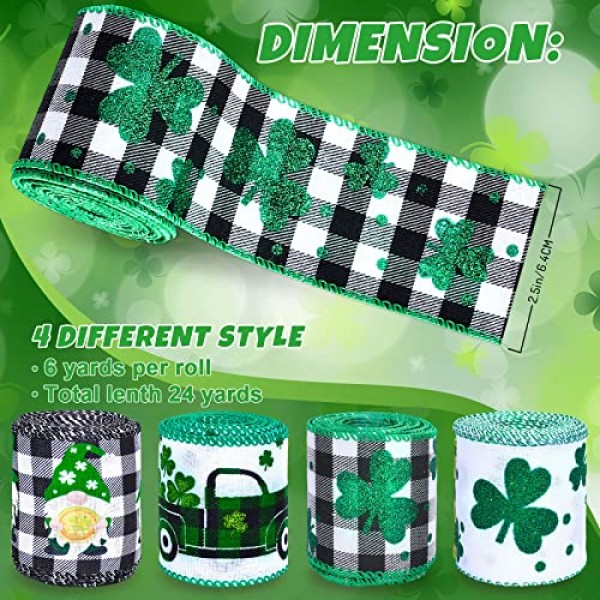 고래 성 패트릭의 날 유선 가장자리 리본 토끼풀 클로버 아일랜드 그놈 트럭 무늬 패브릭 리본 24 야드 버팔로 격자 무늬 포장용 공예 리본 DIY 활 화환 공예품 만들기, 