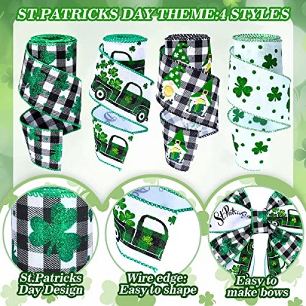 고래 성 패트릭의 날 유선 가장자리 리본 토끼풀 클로버 아일랜드 그놈 트럭 무늬 패브릭 리본 24 야드 버팔로 격자 무늬 포장용 공예 리본 DIY 활 화환 공예품 만들기, 