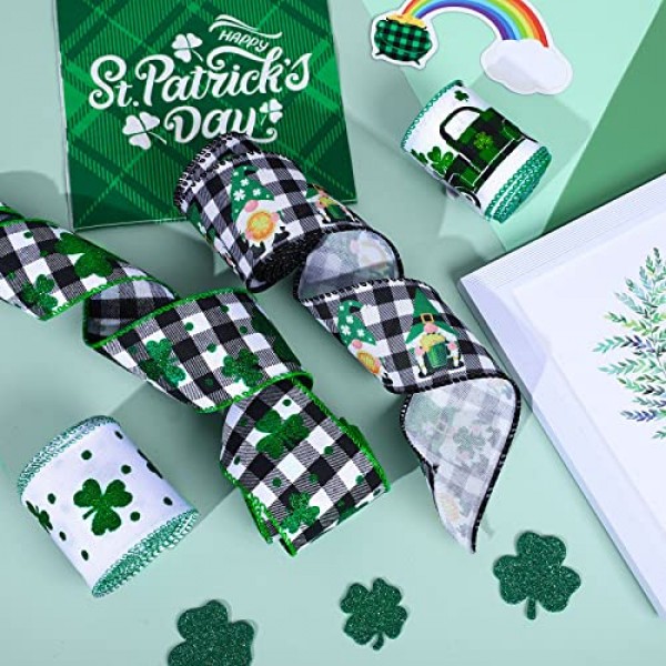 고래 성 패트릭의 날 유선 가장자리 리본 토끼풀 클로버 아일랜드 그놈 트럭 무늬 패브릭 리본 24 야드 버팔로 격자 무늬 포장용 공예 리본 DIY 활 화환 공예품 만들기, 