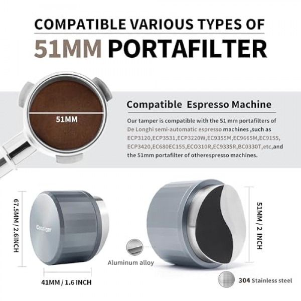 Coosigar 51mm 커피 분배기, 에스프레소 분배 도구, 중력 적응형 에스프레소 분배기는 모든 51MM 에스프레소 포터필터에 적합하며 51MM Delonghi Portafilter와 호환 가능
