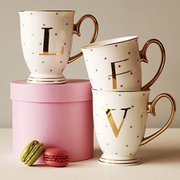 Bombay Duck Alphabet Spotty Metallic Mug Letter B 자홍색 반점이 있는 골드, 도자기, 흰색, 1개(1팩) 흰색 문자 B