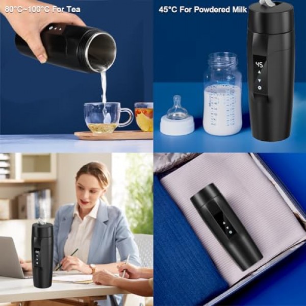 Rauwseul 여행용 전기 주전자 소형, 304 스테인레스 스틸 라이너가 포함된 350 ml 휴대용 가열 컵, 40 ~ 100 °C 조정 가능, 300 W 빠른 끓는 물 컵, 누출 방지, 역류 방지 화재 방