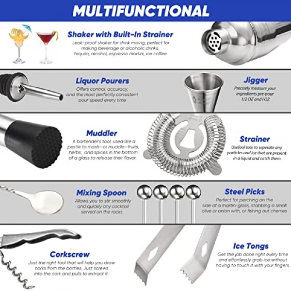 Touch of Mixology 바텐더 키트 - 바 세트 칵테일 셰이커 세트 - 칵테일 키트 세트 - 바텐딩 키트 - 홈 바 필수품 바 카트 액세서리 - 완벽한 집들이 선물 14 PC