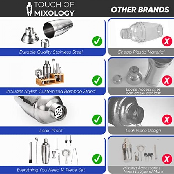 Touch of Mixology 바텐더 키트 - 바 세트 칵테일 셰이커 세트 - 칵테일 키트 세트 - 바텐딩 키트 - 홈 바 필수품 바 카트 액세서리 - 완벽한 집들이 선물 14 PC