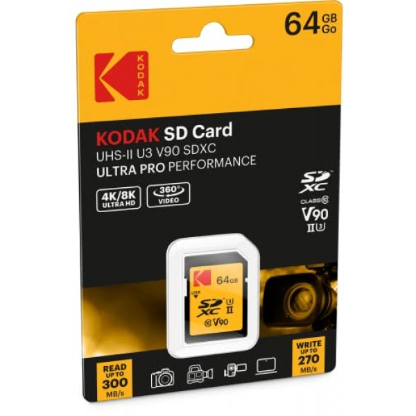 Kodak 64GB UHS-II U3 ​​V90 Ultra Pro SDXC 메모리 카드 - 최대 읽기 속도 300MB/s 및 쓰기 속도 270MB/s