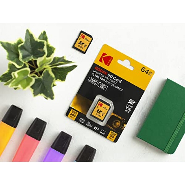 Kodak 64GB UHS-II U3 ​​V90 Ultra Pro SDXC 메모리 카드 - 최대 읽기 속도 300MB/s 및 쓰기 속도 270MB/s