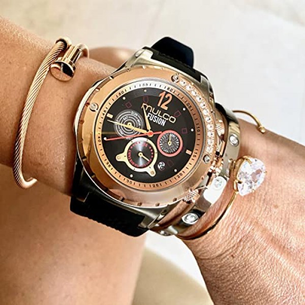 MULCO 블루 마린 여성용 시계 쿼츠 다기능 무브먼트 스테인레스 스틸 및 실리콘 밴드 프리미엄 아날로그 디스플레이 크리스탈 톤 및 로즈 골드 액센트 방수
