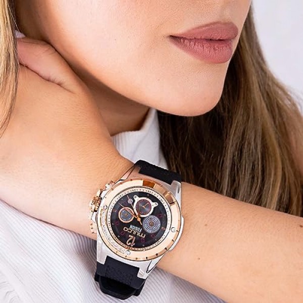 MULCO 블루 마린 여성용 시계 쿼츠 다기능 무브먼트 스테인레스 스틸 및 실리콘 밴드 프리미엄 아날로그 디스플레이 크리스탈 톤 및 로즈 골드 액센트 방수