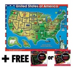 Melissa & Doug 나무 미국 지도 사운드 퍼즐(40개) + 무료 스크래치 아트 미니 패드 번들 [07153]