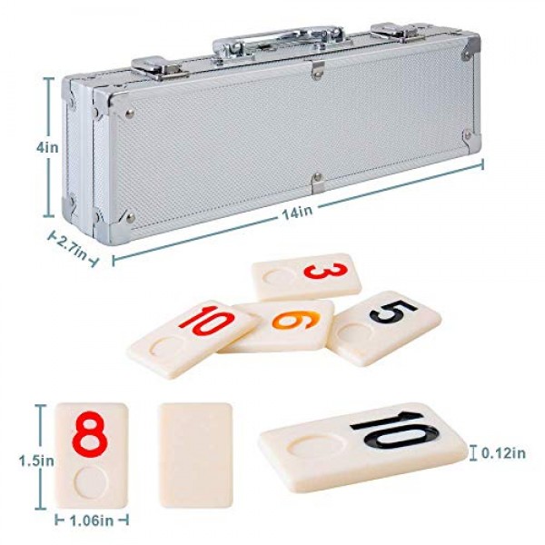 Homwom 106 Tiles Rummy Game - 여행 게임 Rummy Board Game Rummy Set with Aluminium Case & 4 미끄럼 방지 내구성 트레이 rummi2