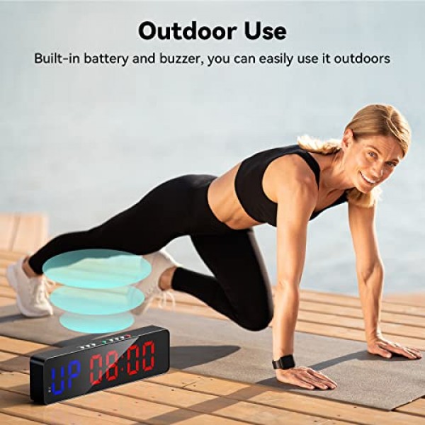 Seesii 체육관 타이머, LED 운동 콜크 카운트 다운/업 시계, 11.5 x 4 울트라 클리어 디지털 디스플레이, 운동 금속 스톱워치와 호환되는 보조 배터리, 리모컨이 있는 다중 
